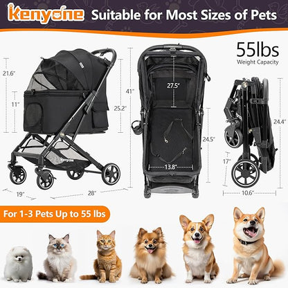 Medium Dog Stroller, Kenyone Pet Stroller for Medium Dogs Up to 55lbs, Lightweight Aluminum Frame, One Click Folding, Large Cat Stroller with No Zip Entry, Detachable Mesh, Multiple Pockets
