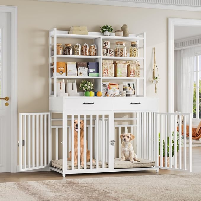 Keyluv 71''H x 47.2''W Large Dog Crate Furniture with 4-Tier Shelves and 2 Storage Drawers, Heavy Duty Dog Cage Furniture with 2 Doors, Wood & Metal Dog Kennel Indoor for Small/Medium/Large Dog, White
