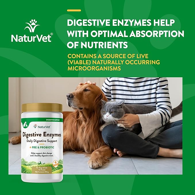 NaturVet  Digestive Enzymes - Plus Probiotics & Prebiotics  Helps Support Diet Change & A Healthy Digestive Tract  for Dogs & Cats  1 lb Powder