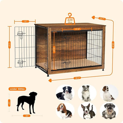 DWANTON Dog Crate Furniture with Cushion, Large Wooden Dog Crate with Double Doors, Dog Furniture, Indoor Dog Kennel, Dog House, Large, 38.5" L, Warm Brown