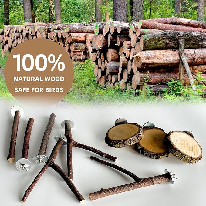 8-Piece Set Natural Wood Bird Perches - Wooden Parrot Stand with Fork Toys, Hanging Multi-Branch Platform, Hammock Swing - Suitable for Parakeets, Budgies - Durable Pet Bird Accessories