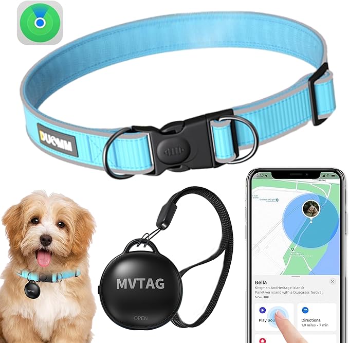 Dog Tracker GPS Collar No Monthly Fee, Real-Time Mini Pet Tracker for Small Medium Large Dogs, Reflective Waterproof Dog Tracking Collar with Bell, Indoor & Outdoor (Only for iOS)