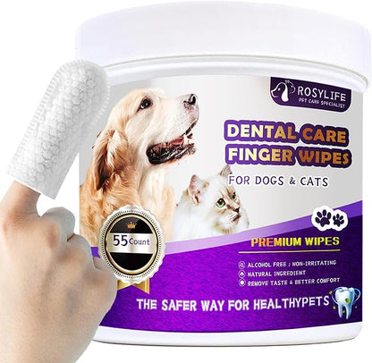 55 Counts Dogs & Cats Dental Care Wipes - Dog Teeth Cleaning Finger Wipes - Dog Tooth Brushing Kit Dental Wipes - Remove Bad Breath by Removing Plaque and Tartar Buildup & Freshens Breath