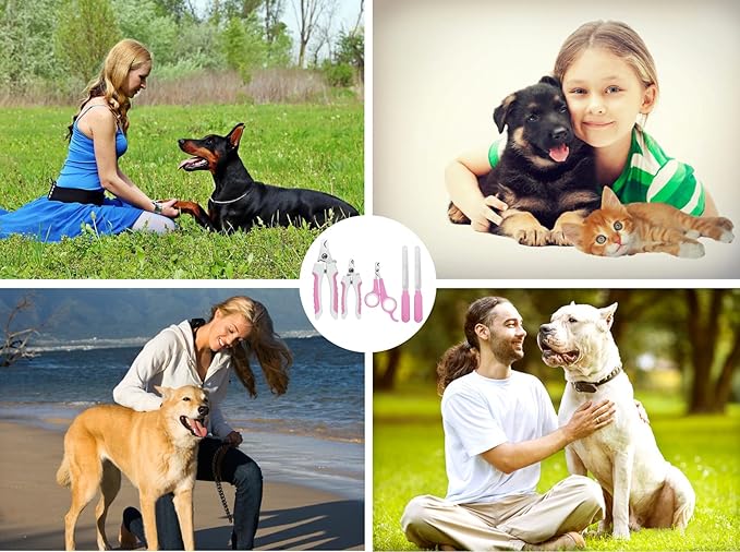 5Pcs Dogs and Cats Grooming Nail Clippers Kit Pet Claws Nail Clipper Trimmers, with Protective Guard Lock to Avoid Over Cutting, Professional Trimmers for Large and Small Cat and Dog Animal. (Pink)