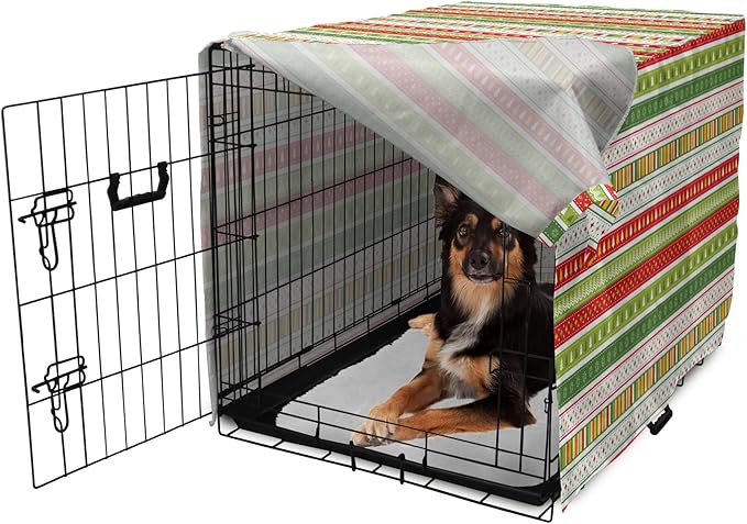 Ambesonne Christmas Dog Crate Cover, Traditional Winter Seasonal Borders Stars Bells Trees Stripes Print, Easy to Use Pet Kennel Cover for Medium Large Dogs, 36 Inch, Lime Green