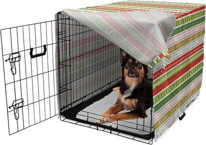 Ambesonne Christmas Dog Crate Cover, Traditional Winter Seasonal Borders Stars Bells Trees Stripes Print, Easy to Use Pet Kennel Cover for Medium Large Dogs, 36 Inch, Lime Green
