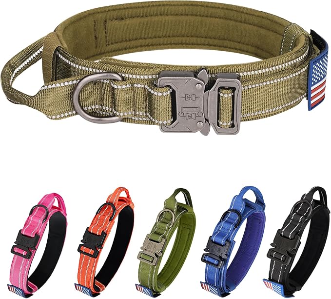 KCUCOP Tactical Dog Collar, Heavy Duty Dog Collar with Handle and Metal Buckle, Military Thick Dog Collars for Medium and Large Dogs(Brown-XL-Reflective, 1 Patch)