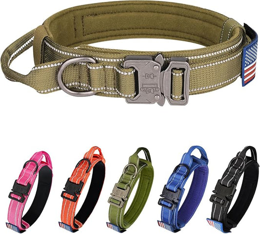 KCUCOP Tactical Dog Collar, Heavy Duty Dog Collar with Handle and Metal Buckle, Military Thick Dog Collars for Medium and Large Dogs(Brown-XL-Reflective, 1 Patch)