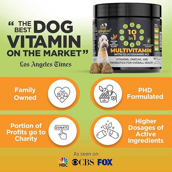 Googipet Premium 10 in 1 Dog Vitamins Multivitamin Chewable with Probiotics for Gut Health, Dog Vitamins and Supplements w/Vitamin C & Glucosamine for Joint Support (Chicken & Vegetable Flavor)