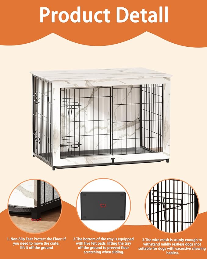 Megidok Wooden Dog Crate Furniture with Cushion, End Table with Tray, Double Doors (L:37" W:25" D:26" H, Marble White)