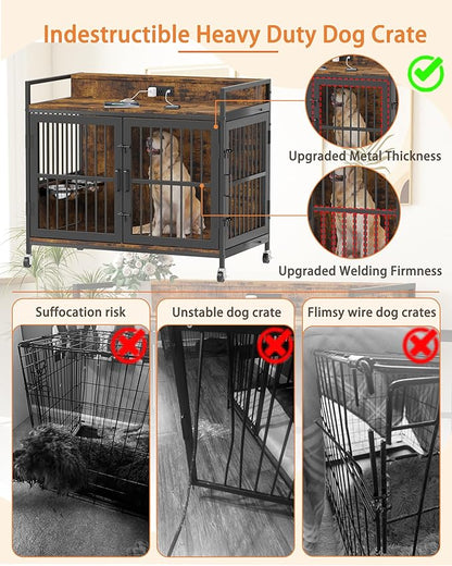 Piskyet 48" Large Dog Crate Furniture, Indoor Dog Kennel Furniture with 4 in 1 Charge Station, Heavy Duty Dog Crate Table with 360°Raised&Rotatable Feeder, Double Door Kennel with Wheels,Rustic Brown