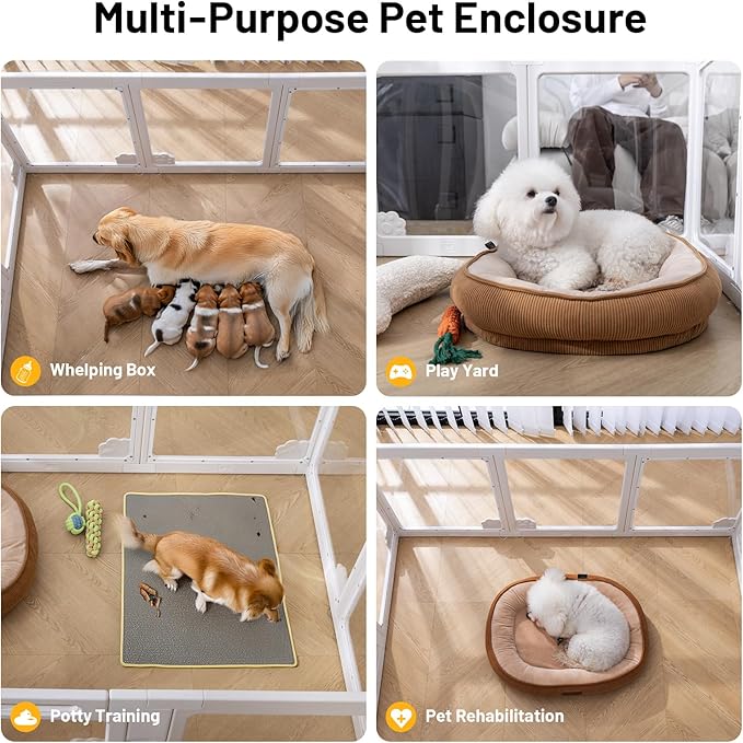 Extention Kit-Clear Acrylic Dog Playpen Indoor Transparent Plastic Puppy Playpen for Cat Rabbit Easy Assemble Pet Pen Foldable Fence Crate Kennel Cage Enclosure (23.6“ Height, 2PCS)