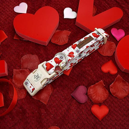 Elegant little tail Valentine's Day Dog Collar-Cute Pink Heart Dog Collar for Medium Dogs, Female or Male Adjustable Cotton Pet Collar with Quick Release Buckle for Small Medium Large Dogs