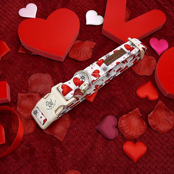 Elegant little tail Valentine's Day Dog Collar-Cute Pink Heart Dog Collar for Small Dogs, Female or Male Adjustable Cotton Pet Collar with Quick Release Buckle for Small Medium Large Dogs