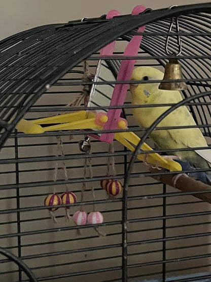 2 Bird Cage Hanging Mirrored Small Swing Perch Toys Parakeet Budgie Canary Standing Toy Glass Mirror, Plastic Perch