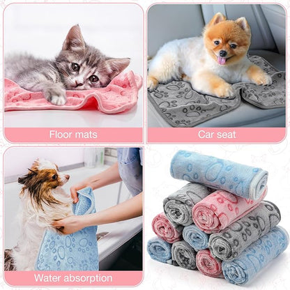 Tegeme 12 Pieces Pet Blanket Soft Fleece Dog Fluffy Doggie Warm Felt Throw Spring Cute Paw Print Puppy Kitten Sleep Mat Bed Covers for Cat (30 x 20 Inch,Pink,Gray,Blue)