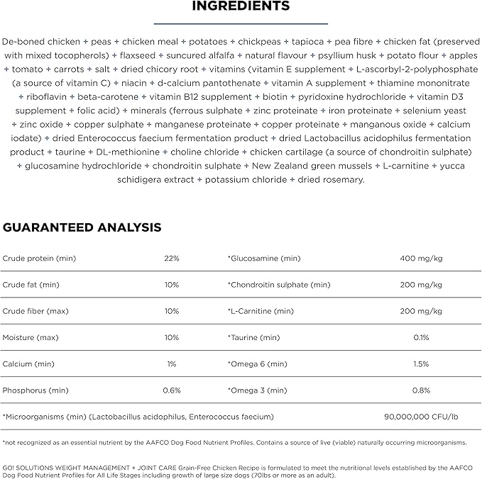 Go! Solutions Weight Management + Joint Care, Grain-Free Dry Dog Food, Chicken Adult and Senior Recipe, 3.5 lb Bag