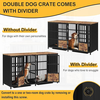 BOINN Large Dog Crate Furniture, 63 inch Heavy Duty Double Dog Crate with Divider, Extra Large Dog Kennel Furniture with Removable Trays for Medium Large Dogs