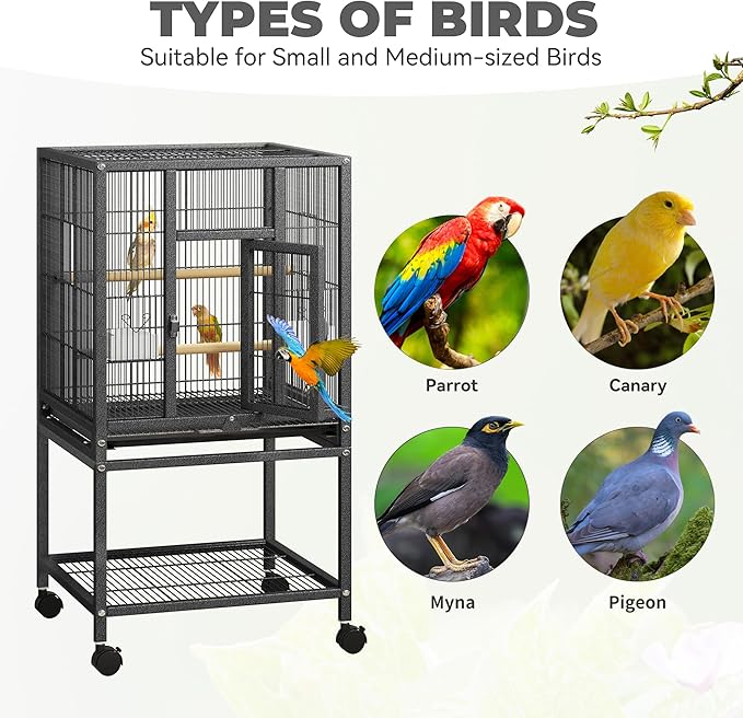 YITAHOME 41 inches Metal Bird Cage for Parakeets: Large Parrot Cages with Tray, Food Boxes, and Wooden Perches with Rolling Stand & Brakes for Lovebirds Cockatiels Pigeon Finches, Black