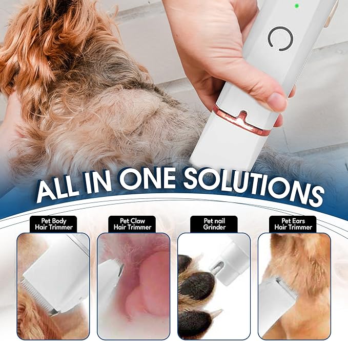 4-in-1 Dog Grooming Kit Hair Clippers - Electric Low Noise Paw Trimmer - USB Rechargeable - Cordless Quiet Nail Grinder Trimmer for Cats and Dogs