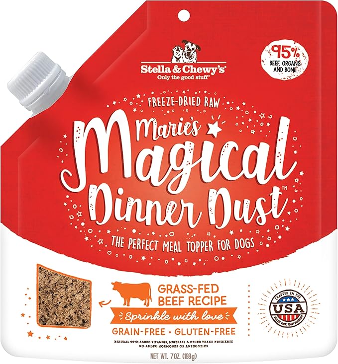 Stella & Chewy's Freeze-Dried Raw Marie's Magical Dinner Dust  Protein Rich, Grain Free Dog & Puppy Food Topper  Grass-Fed Beef Recipe  7 oz Bag