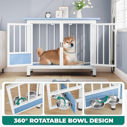 YITAHOME 39.3" Foldable Dog Crate Furniture, Portable Wooden Kennel End Table with Adjustable Feet & 360° Rotatable Bowls, Perfect for Small to Medium Dogs, Blue