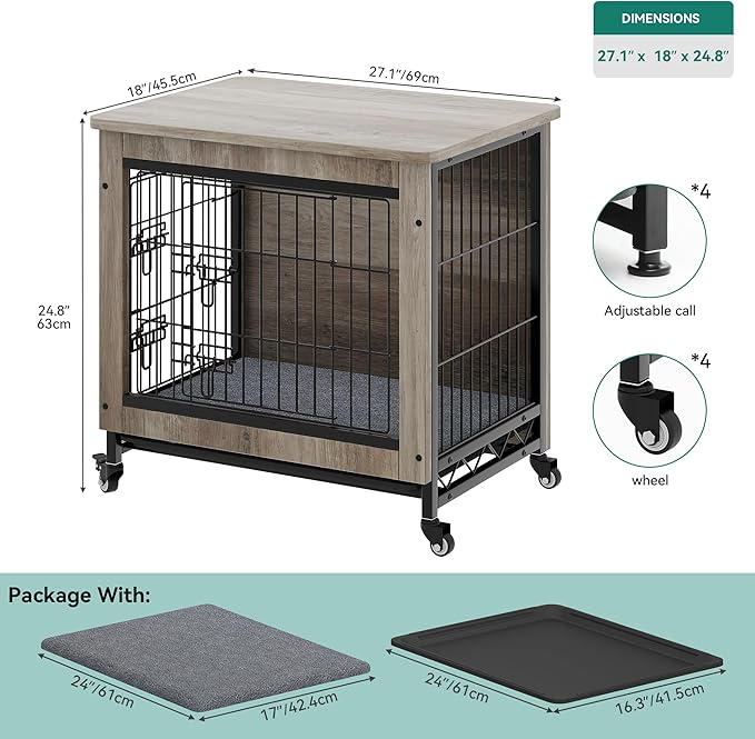 YITAHOME YITAHOME Dog Crate Furniture with Cushion, Dog Kennel Indoor with Wheels, Dog Crate End Table with Tray, 27" Dog Cage with Double Doors for Small Dog (Gray)