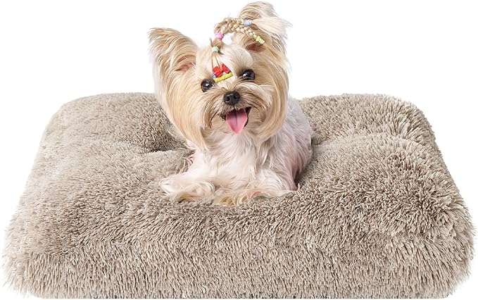 EHEYCIGA Fluffy Dog Crate Bed for Small Dogs, Plush Faux Fur Dog Crate Pad, Calming Anti Anxiety Small Dog Bed for Crate, Washable Soft Warm Dog Crate Mat with Non-Slip Bottom, Taupe