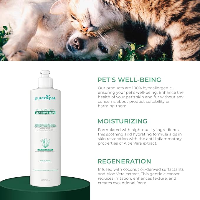 Hypoallergenic Shampoo for Sensitive Skin for Pets - Fur Cleanse, Nourishment & Hydration, All Ages Pet Grooming Products, Horse, Cat Dog Bath Supplies - Vegan, Paraben-Free - 10.1fl oz - PUREZA PET