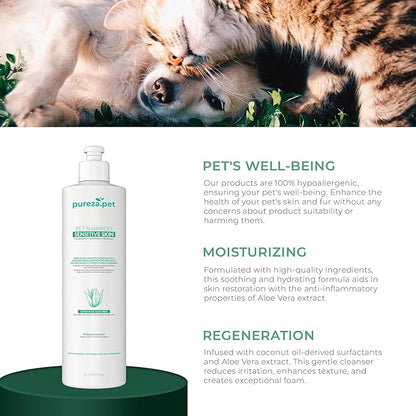 Hypoallergenic Shampoo for Sensitive Skin for Pets - Fur Cleanse, Nourishment & Hydration, All Ages Pet Grooming Products, Horse, Cat Dog Bath Supplies - Vegan, Paraben-Free - 10.1fl oz - PUREZA PET
