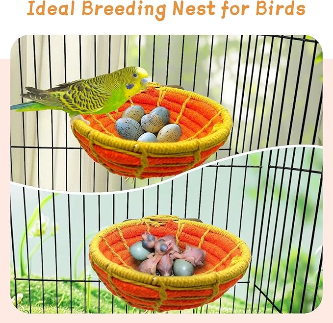 Bird Nest for Cage,Parrot Breeding Nest,Handwoven Cotton Rope Parakeet Bed,Canary Nesting House for Budgie,Finch,Cockatiel,Conure,Lovebird, Small Birds,Orange&Yellow