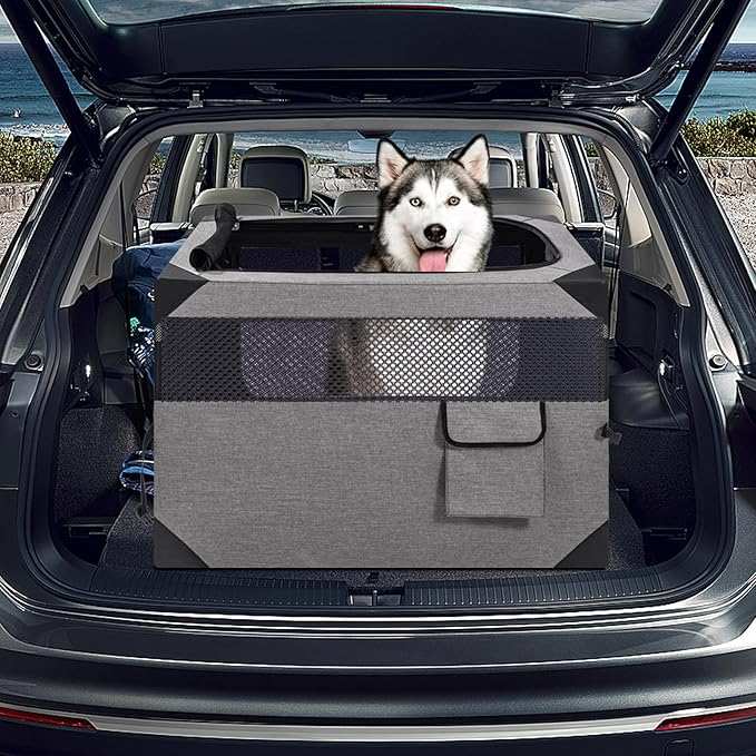 36 Inch Portable Travel Dog Crate, 3 Door Collapsible Soft Pet Kennel with Durable Mesh Windows for Medium Dogs, Foldable Dog Cage with Storage Pocket for Outdoor (Light Grey)