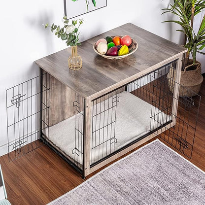 DWANTON Dog Crate Furniture with Cushion, Large Wooden Dog Crate with Double Doors, Dog Furniture, Indoor Dog Kennel, Dog House, Large, 38.5" L, Greige
