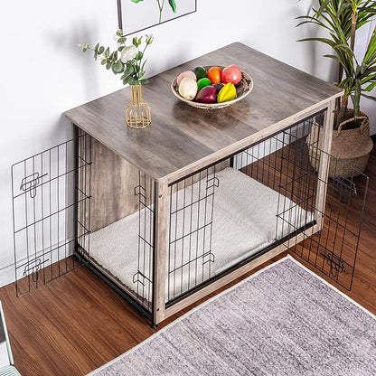 DWANTON Dog Crate Furniture with Cushion, Wooden Kennel Table with Double Doors, Indoor Dog House, Large Size, 38.5" L, Greige