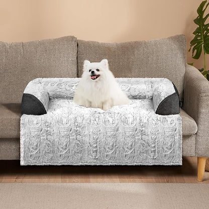 Calming Small Dog Bed for Couch, 35 x 31 inch Removable Couch Cover for Dogs Washable, Non-Slip Fluffy Plush Dog Sofa Mat for Furniture Protector - Grey
