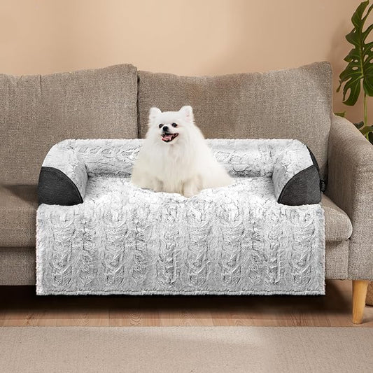Calming Small Dog Bed for Couch, 35 x 31 inch Removable Couch Cover for Dogs Washable, Non-Slip Fluffy Plush Dog Sofa Mat for Furniture Protector - Grey