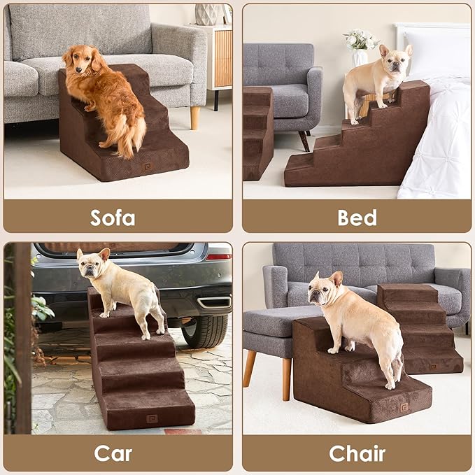 EHEYCIGA Dog Stairs for High Beds 22.5" H, 5-Step Dog Steps for Small Dogs and Cats, Slope Pet Steps with Non-Slip Bottom, Brown