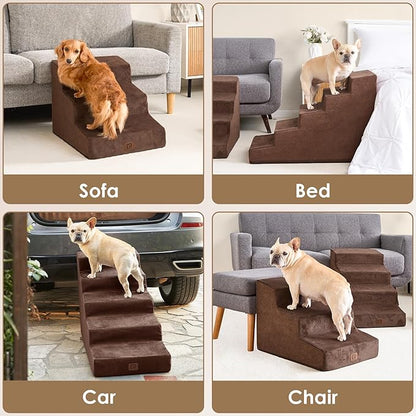 EHEYCIGA Dog Stairs for Beds 19.7" H, 4-Step Dog Steps for Small Dogs and Cats, Slope Pet Steps with Non-Slip Bottom, Brown