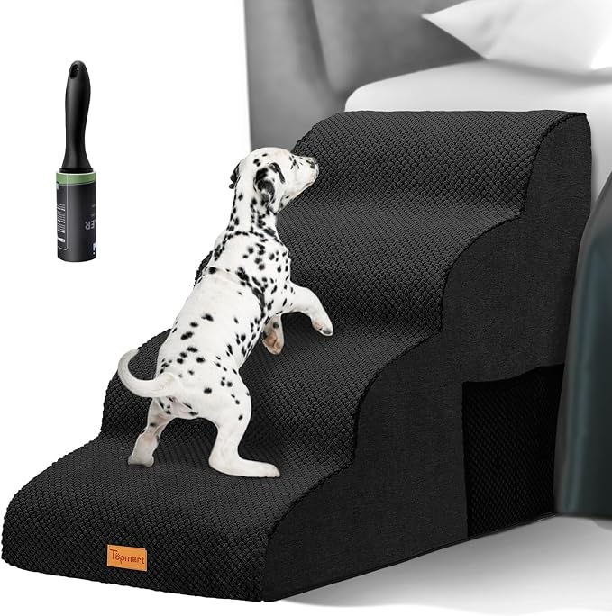 Topmart High Density Foam Dog Steps 4 Tiers,Extra Wide Deep Pet Steps,Non-Slip Pet Stairs,Dog Ramp for Bed,Soft Foam Dog Ladder,Best for Older Dogs Injured,Older Pets,Cats with Joint Pain,Color Black