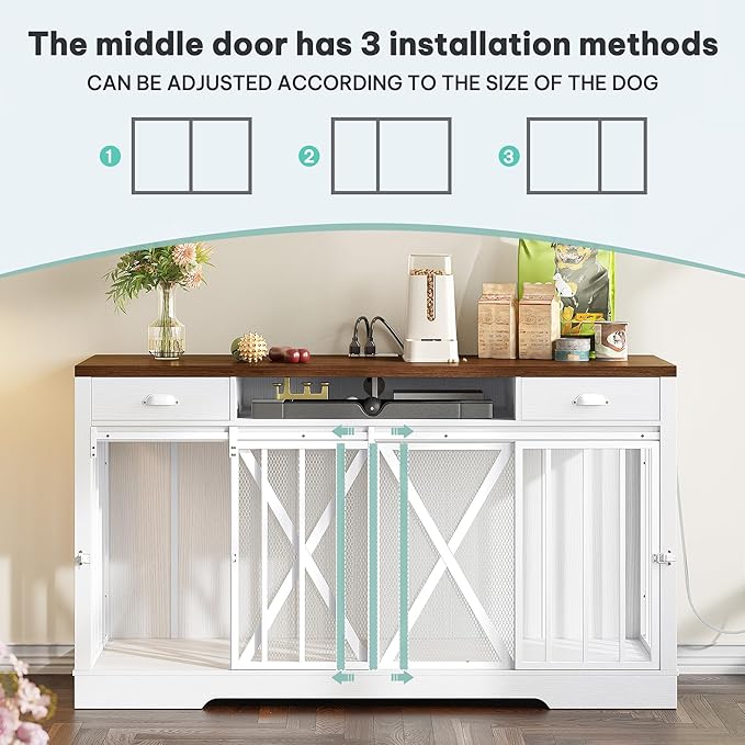 YITAHOME 63 Inch Double Dog Crate TV Stand with Charging Station, Heavy Duty Wooden Dog Crate Furniture for 2 Dogs, Dog Kennel Indoor Furniture Double Sliding Barn Door Design Ideal for 2 Dogs, White