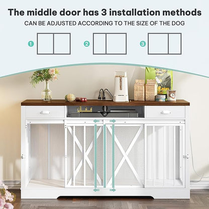YITAHOME 63 Inch Double Dog Crate TV Stand with Charging Station, Heavy Duty Wooden Dog Crate Furniture for 2 Dogs, Dog Kennel Indoor Furniture Double Sliding Barn Door Design Ideal for 2 Dogs, White