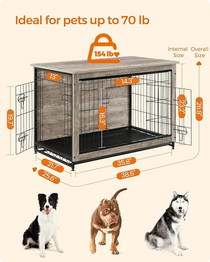 Feandrea Dog Crate Furniture, 38.6" Side End Table, Modern Kennel for Dogs Indoor up to 70 lb, Heavy-Duty Dog Cage with Multi-Purpose Removable Tray, Double-Door Dog House, Greige UPFC003G01