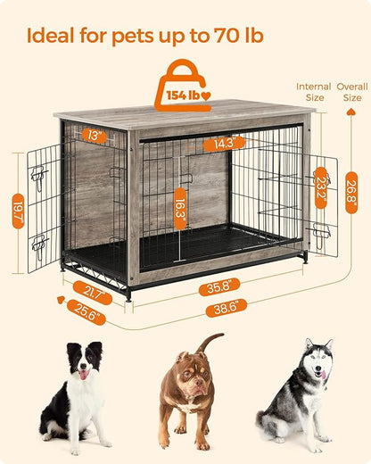 Feandrea Dog Crate Furniture, 38.6" Side End Table, Modern Kennel for Dogs Indoor up to 70 lb, Heavy-Duty Dog Cage with Multi-Purpose Removable Tray, Double-Door Dog House, Greige UPFC003G01