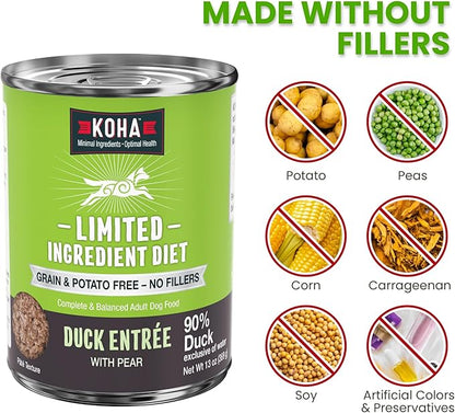 KOHA Limited Ingredient Diet Duck Entrée for Dogs - Sensitive Stomach Canned Dog Food - High Protein, No Fillers Pate Dog Food - 13 oz Pack of 12