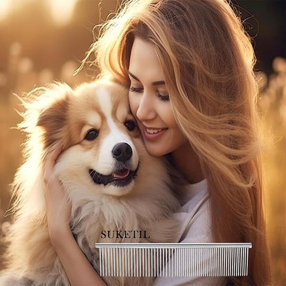 Dog Comb and Cat Combs Stainless Steel Teeth, Grooming Tool for Long & Short Hair, Dematting Comb for Dogs, Removes Tangles & Knots (Small Silver)