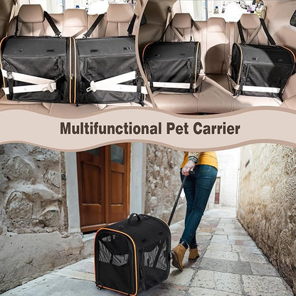 2-in-1 Cat, Dog Carrier for Pets up to 30 Lbs, Double Pet Carrier Car Travel Portable Twin Compartment Pet Kennel Dog Crate Set with Litter Box, Bowl for Outdoor Camping