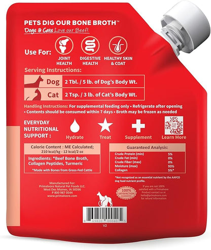 Primalvore Grass-Fed Beef Bone Broth for Dogs &Cats, Mobility Formula w/Collagen Peptides to Help Support Hip & Joints, Digestion, Skin & Coat and Hydration, Human Grade, Made in USA. Beef 2 Pack