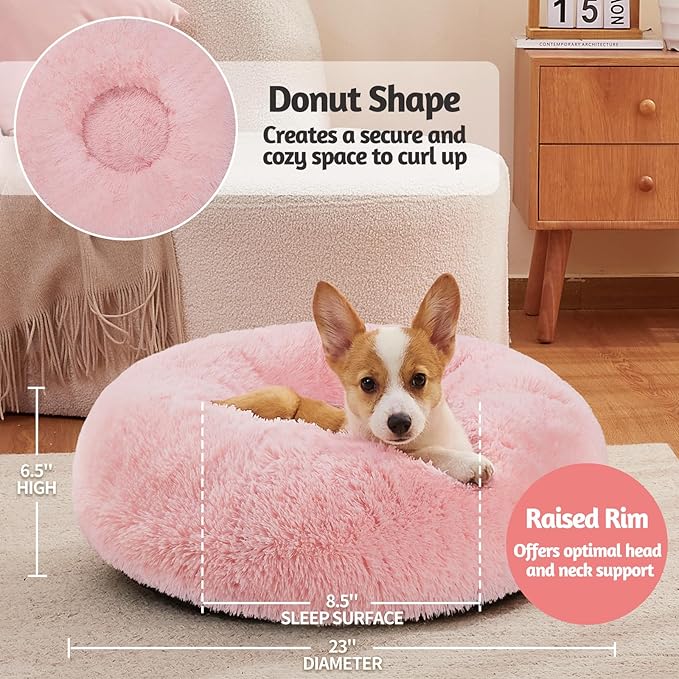 OhGeni Calming Donut Dog & Cat Bed Pillow, Machine Washable Plush Warming Bed, Anti-Slip Round Cuddle Comfort Pet Bed, Pillow Design Cozy Fluffy Faux Fur Bed for Small Medium Dogs, Pink, 23 inches