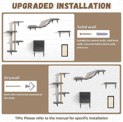 Cat Wall Shelves, Wall Mounted Cat Furniture, Cat Wall Cimber with Perches, Scratchers and Condo, Set of 5 (Grey)