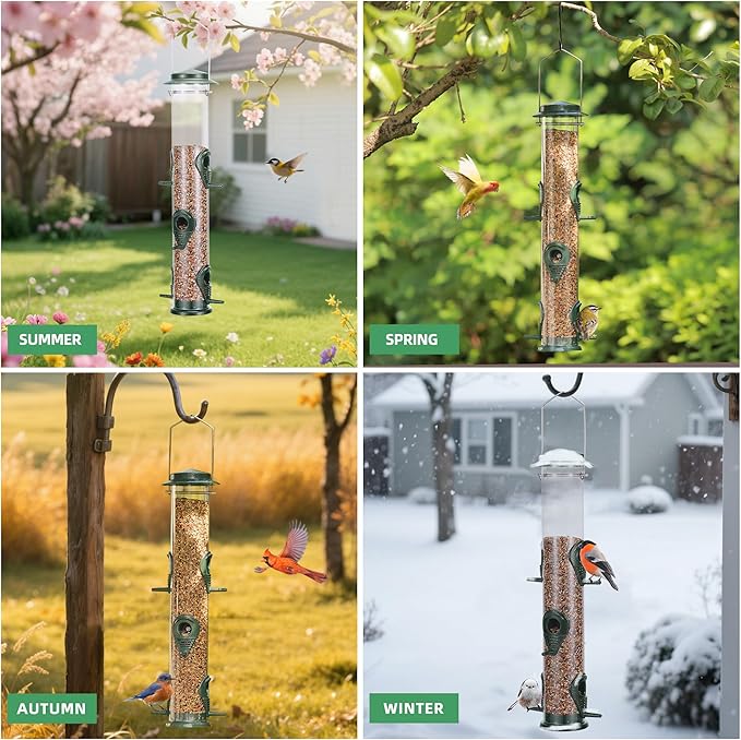 MIXXIDEA 2PK Metal Bird Feeders with 6 Feeding Ports,Tube Bird Feeder with Steel Hanger,Wild Bird Feeder for Outdoors Hanging, Attracting Birds in Your Lawn, Garden, Balcony (Green)